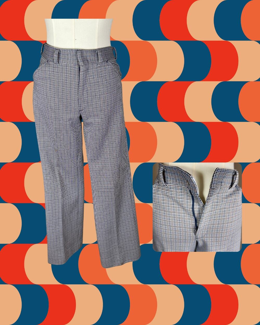 Vintage 70s All Seasons Leisurewear Disco Micro-Check Flat Front Slacks 34X33